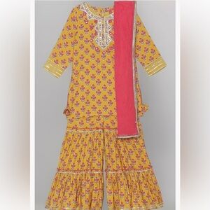 BIBA Girls NWT Yellow Poly Viscose Straight Printed Kurta Sharara Set 8-9 Formal